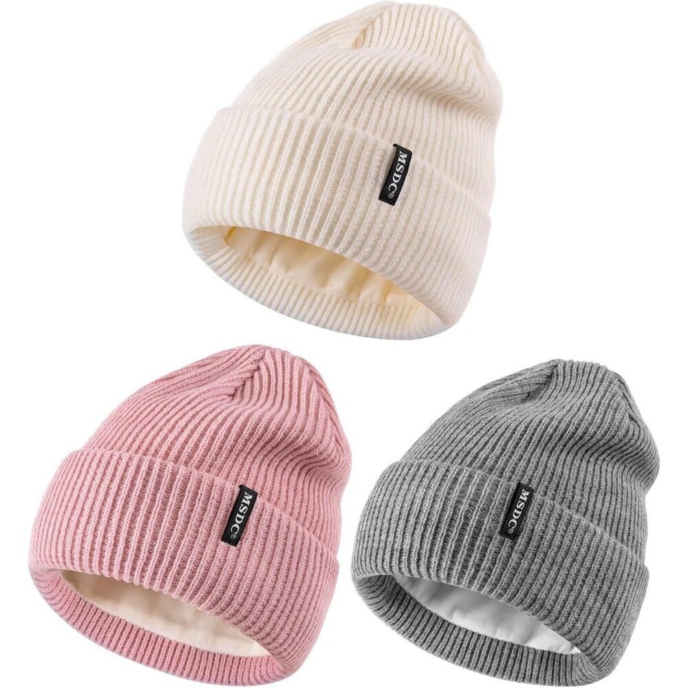 Women Gray+White+Pink 3-Pack Winter Beanie Hats Fleece Lined Warm Skullcaps
